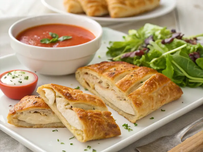 Sliced chicken and cheese jalousie with tomato soup and salad.