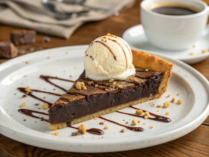 A slice of chocolate brownie pie with vanilla ice cream and chocolate drizzle.