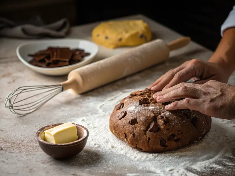 Hands kneading rich chocolate bread dough on a floured surface with chocolate chunks visible.