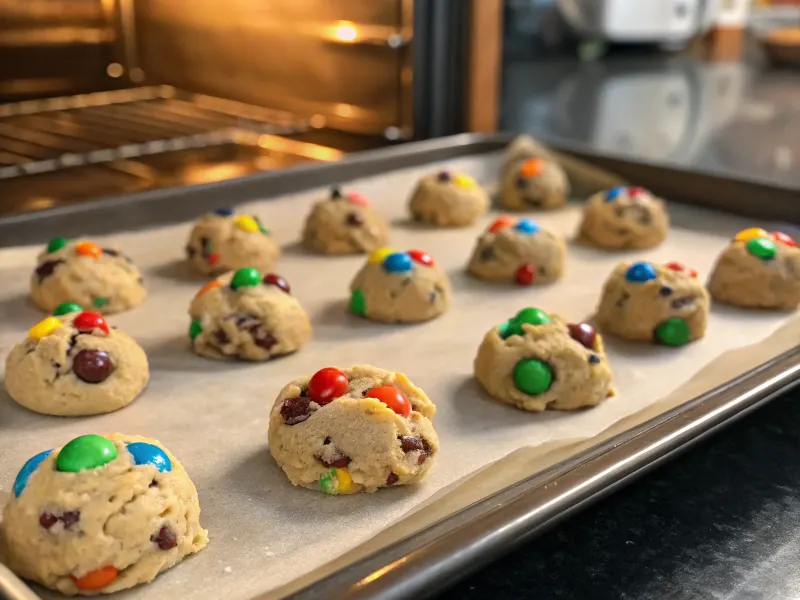 cookie dough balls placed on a baking sheet, ready for the oven.