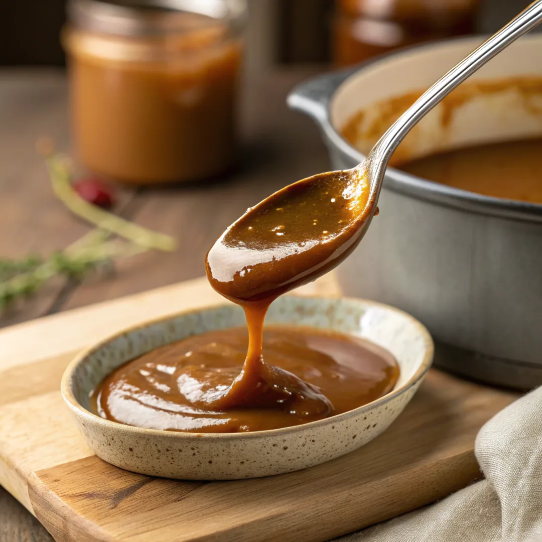 Thick golden demi-glace coating a spoon, showing the ideal consistency.