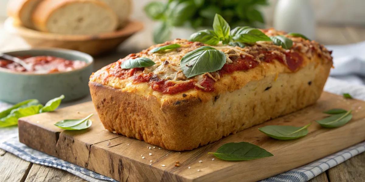 Golden brown tomato basil bread with fresh basil leaves on a wooden cutting board.