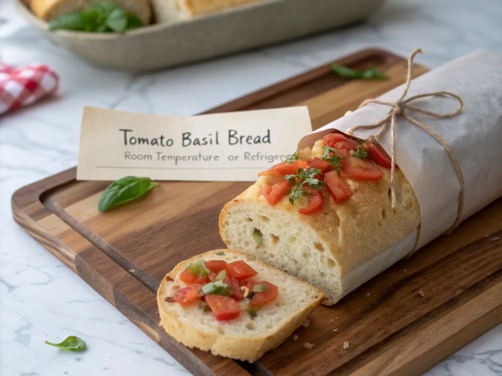 A loaf of tomato basil bread wrapped in parchment paper with a storage label.