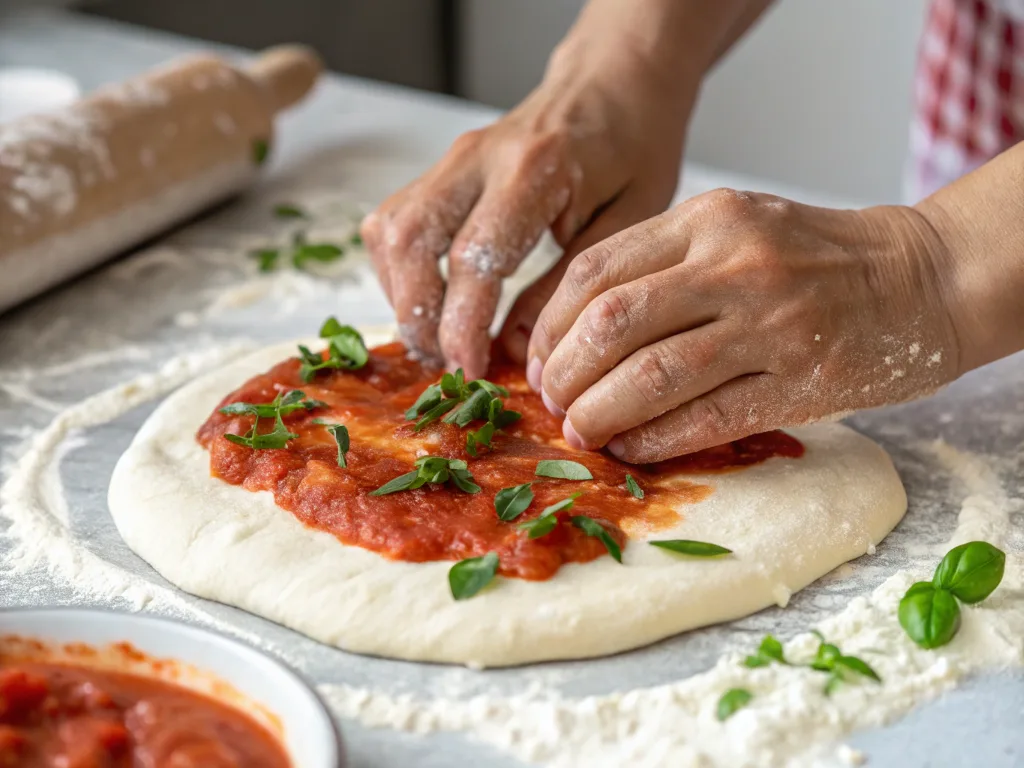 Hands kneading soft tomato basil bread dough on a floured surface with fresh basil and tomato puree mixed in.