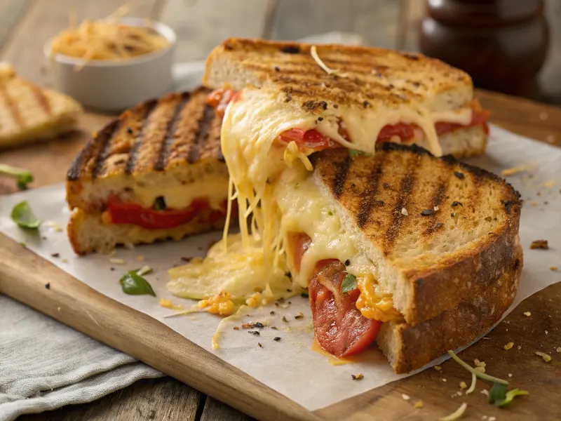 A grilled cheese sandwich made with tomato basil bread, with melted cheese stretching between two slices.