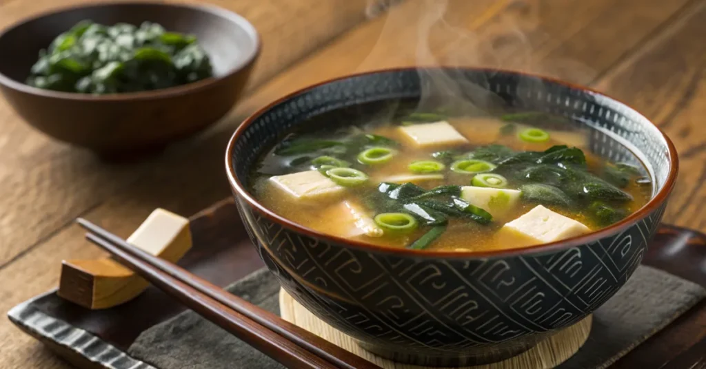 Traditional miso soup with tofu and seaweed