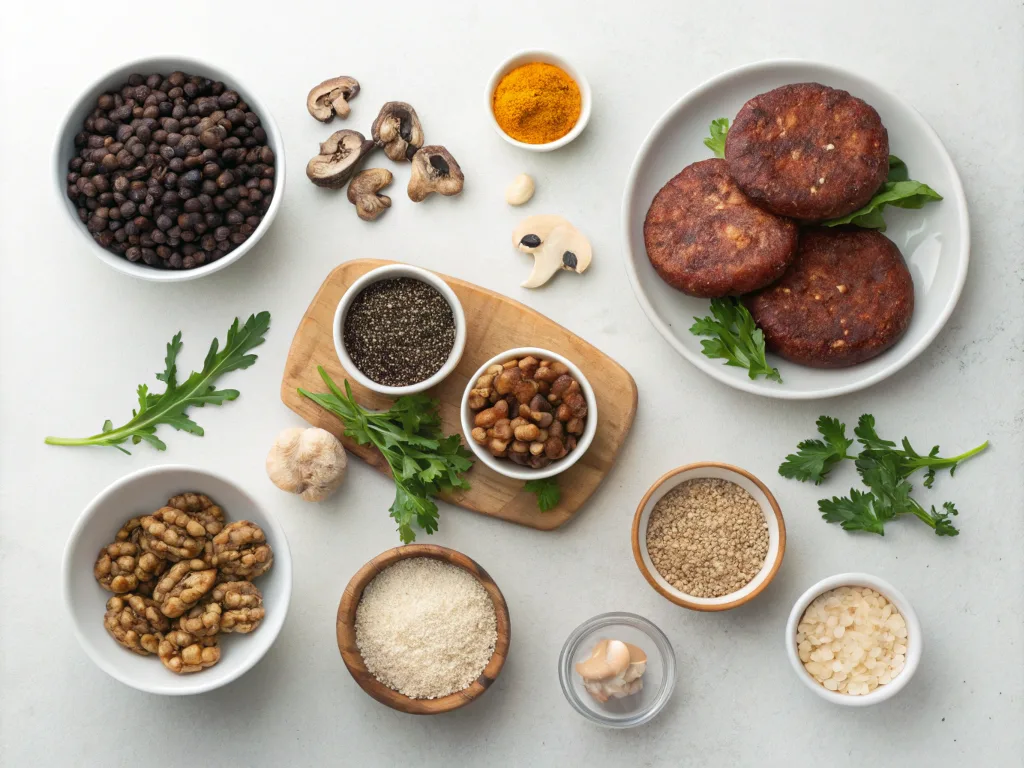 A flat-lay shot of ingredients for a homemade vegan burger, including black beans, mushrooms, spices, oats, and walnuts.