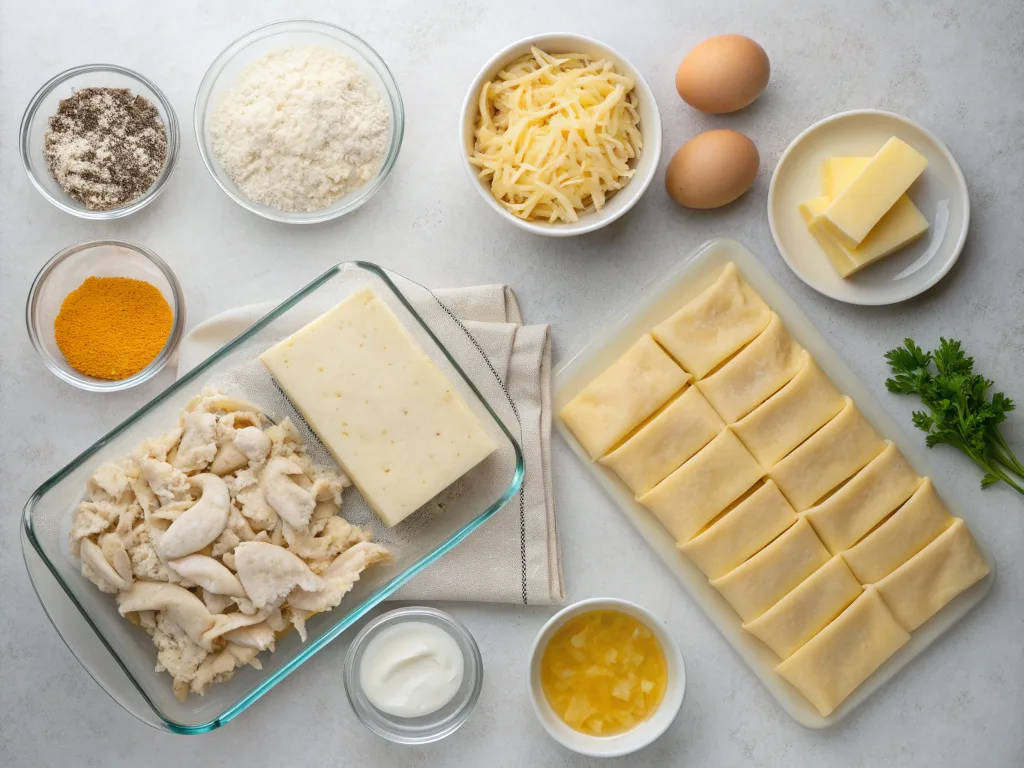 Fresh ingredients for making a chicken and cheese jalousie.