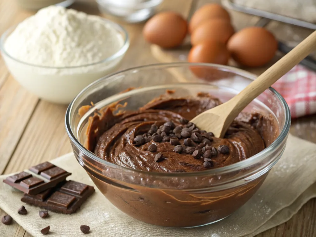 Mixing chocolate brownie batter with a wooden spoon for the perfect pie filling.