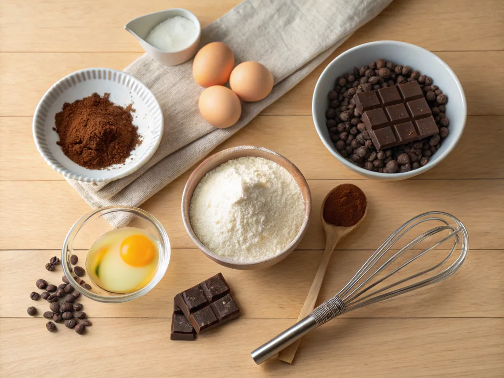 Ingredients for homemade chocolate bread, including flour, cocoa powder, eggs, and chocolate chips.