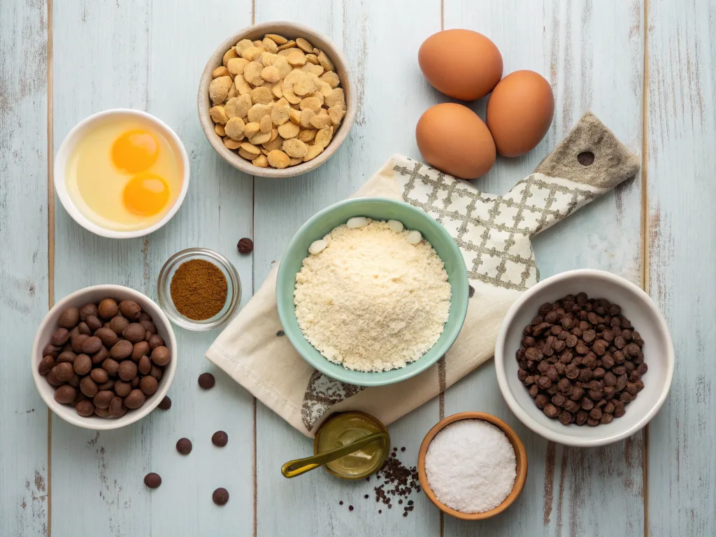 Ingredients for Chocolate Chip Protein Cookies – Almond Flour, Protein Powder, and Dark Chocolate Chips