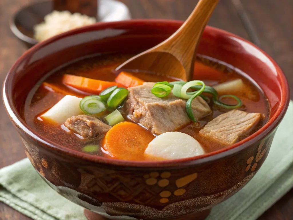 Tonjiru pork miso soup with vegetables-japanese soups