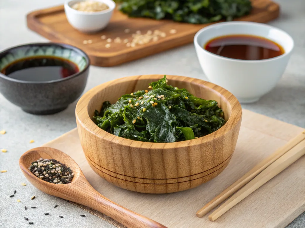 Dried seaweed (miyeok) and key ingredients for seaweed soup.