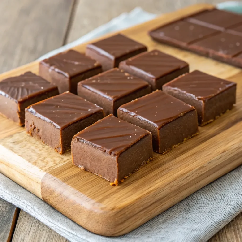 Rich and creamy vegan fudge squares on a wooden board.