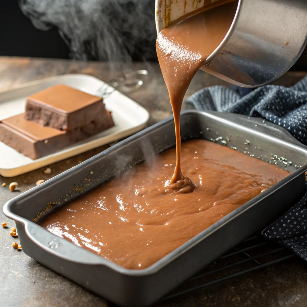 Pouring smooth vegan fudge mixture into a lined baking pan.