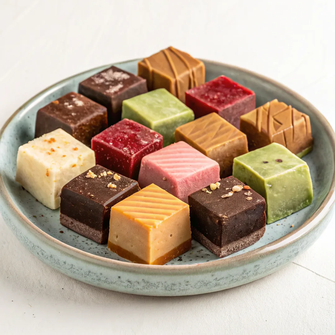 Assorted flavors of vegan fudge on a decorative serving plate.