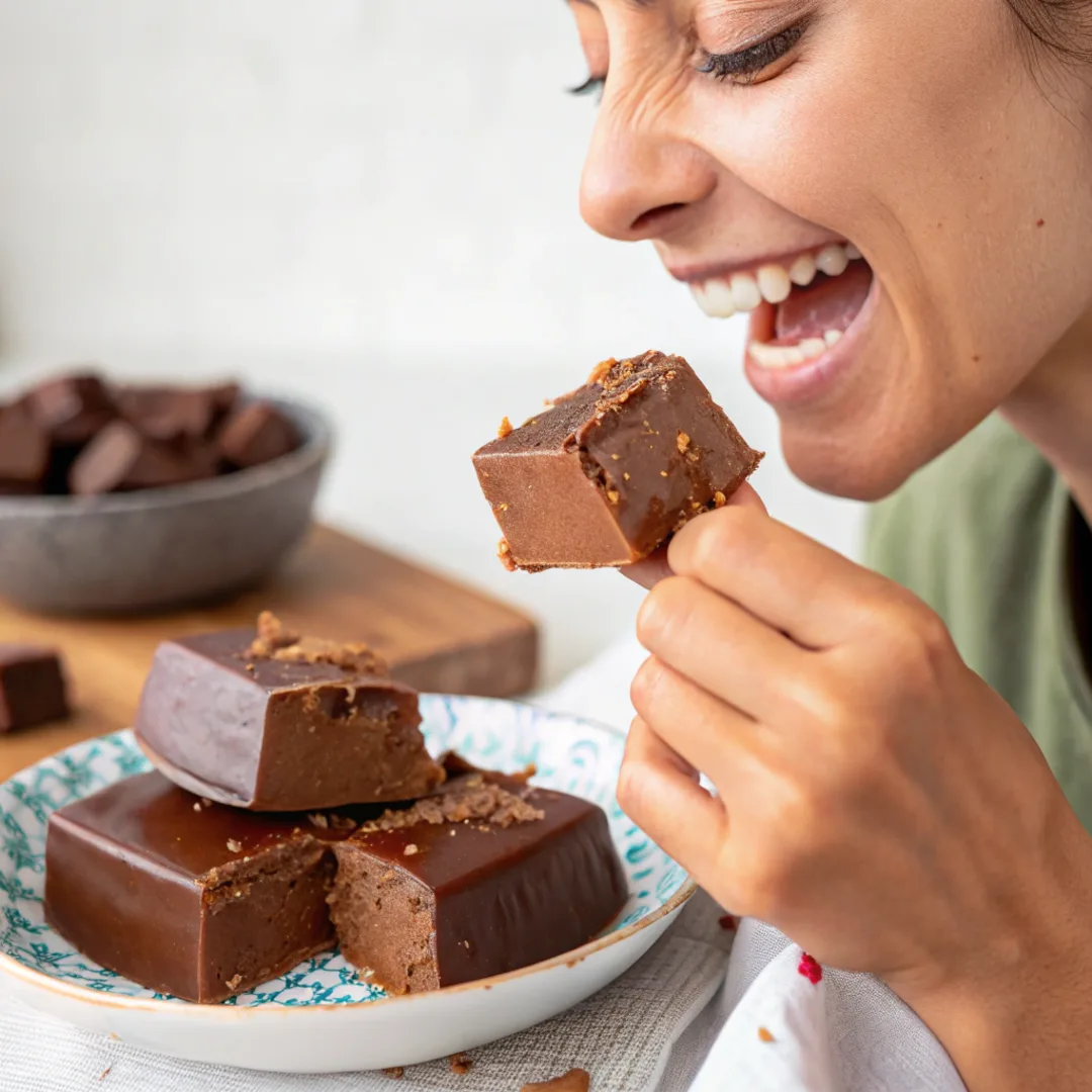 Taking a bite of rich and smooth vegan fudge.