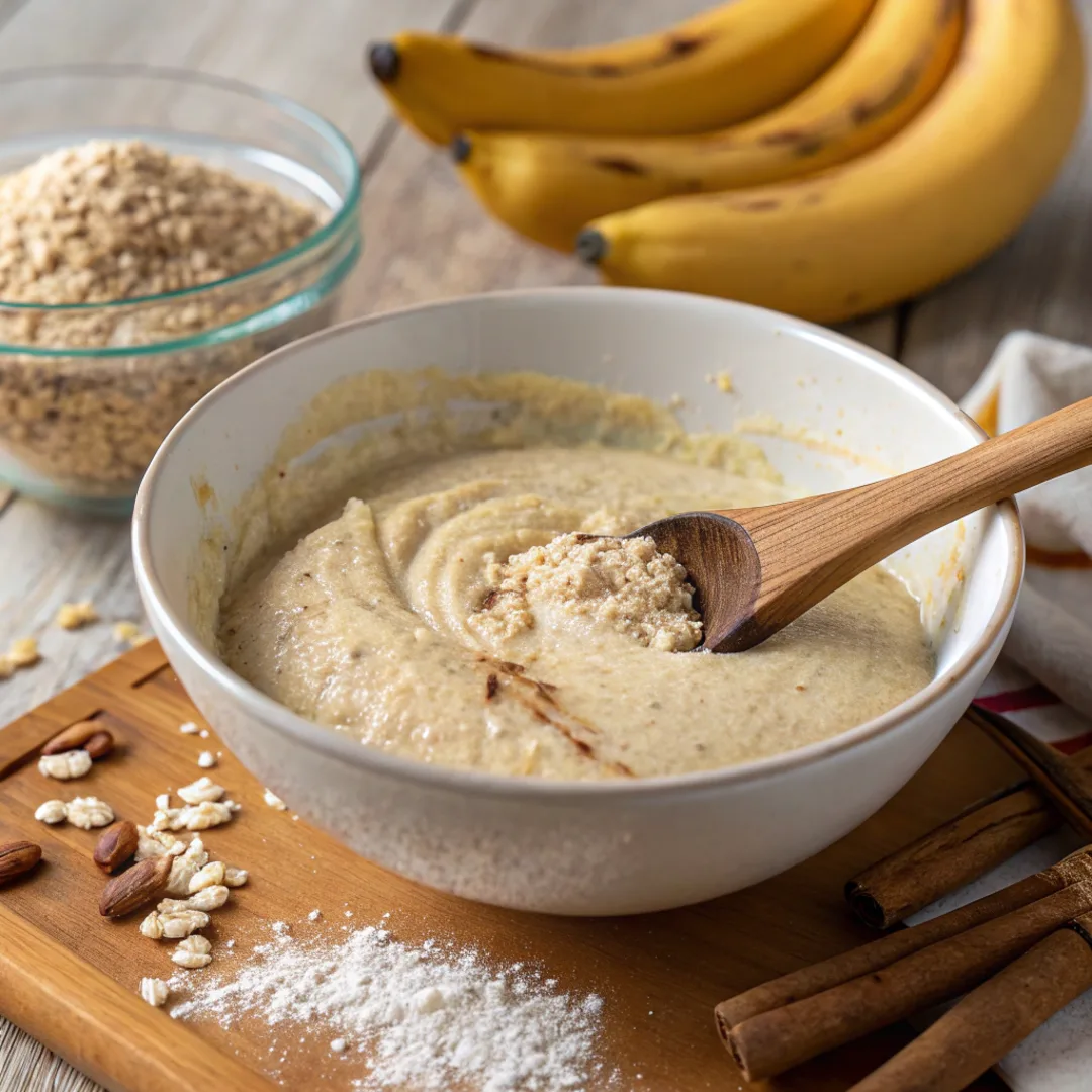 Vegan oat cake batter made with oat flour and plant-based milk