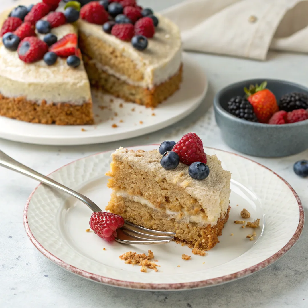 Vegan oat cake topped with cashew cream and fresh berries