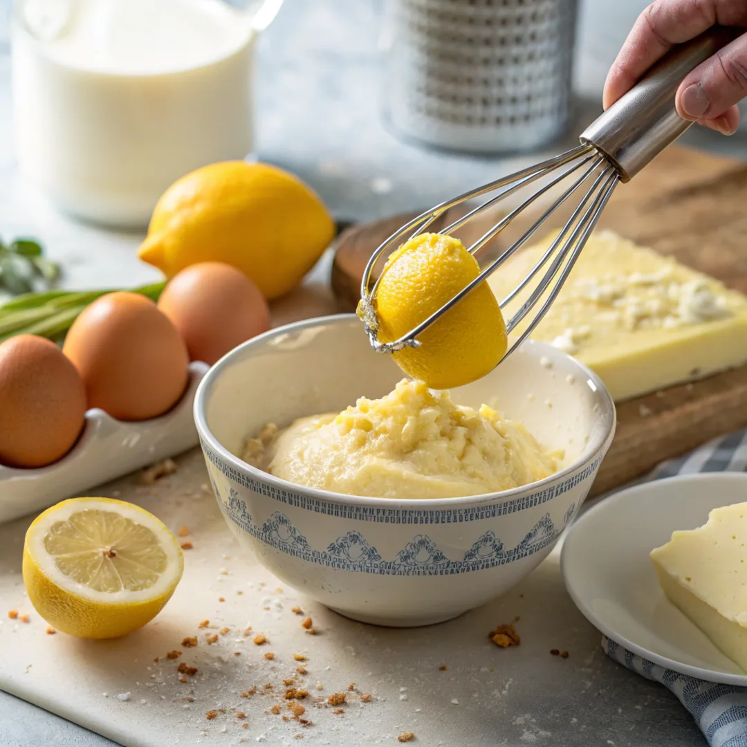 Fresh lemon zest being added to cake batter for enhanced flavor.